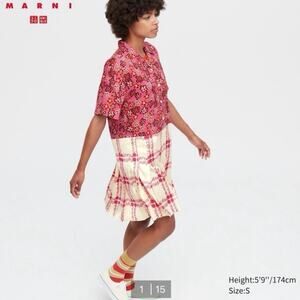 MARNI X UNIQLO Oversized Retro Floral Pleated Shirt Dress Size XS Pink Cream